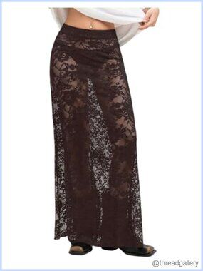 Women's Sheer Mesh Lace Maxi Skirt See Through Fishtail Long Skirt